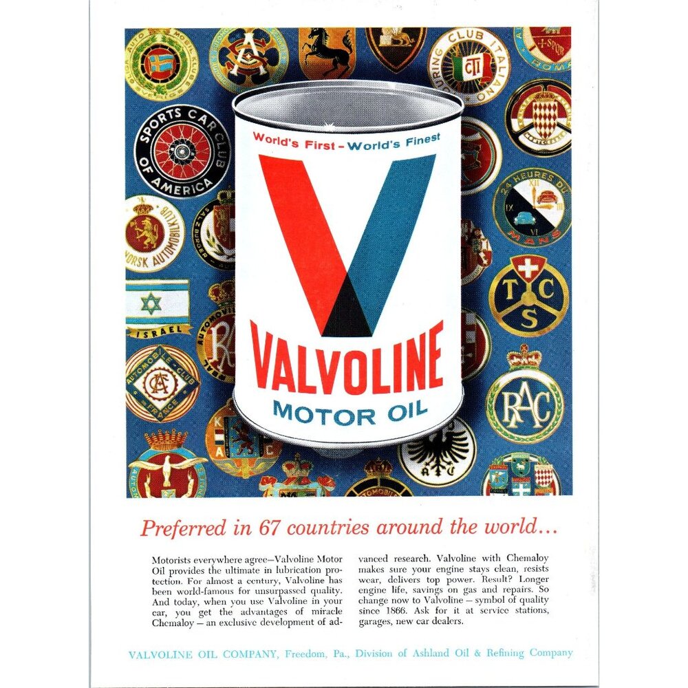 1963 Valvoline Motor Oil Vintage Print Ad Car Club Emblems Chemaloy 60s Wall Art